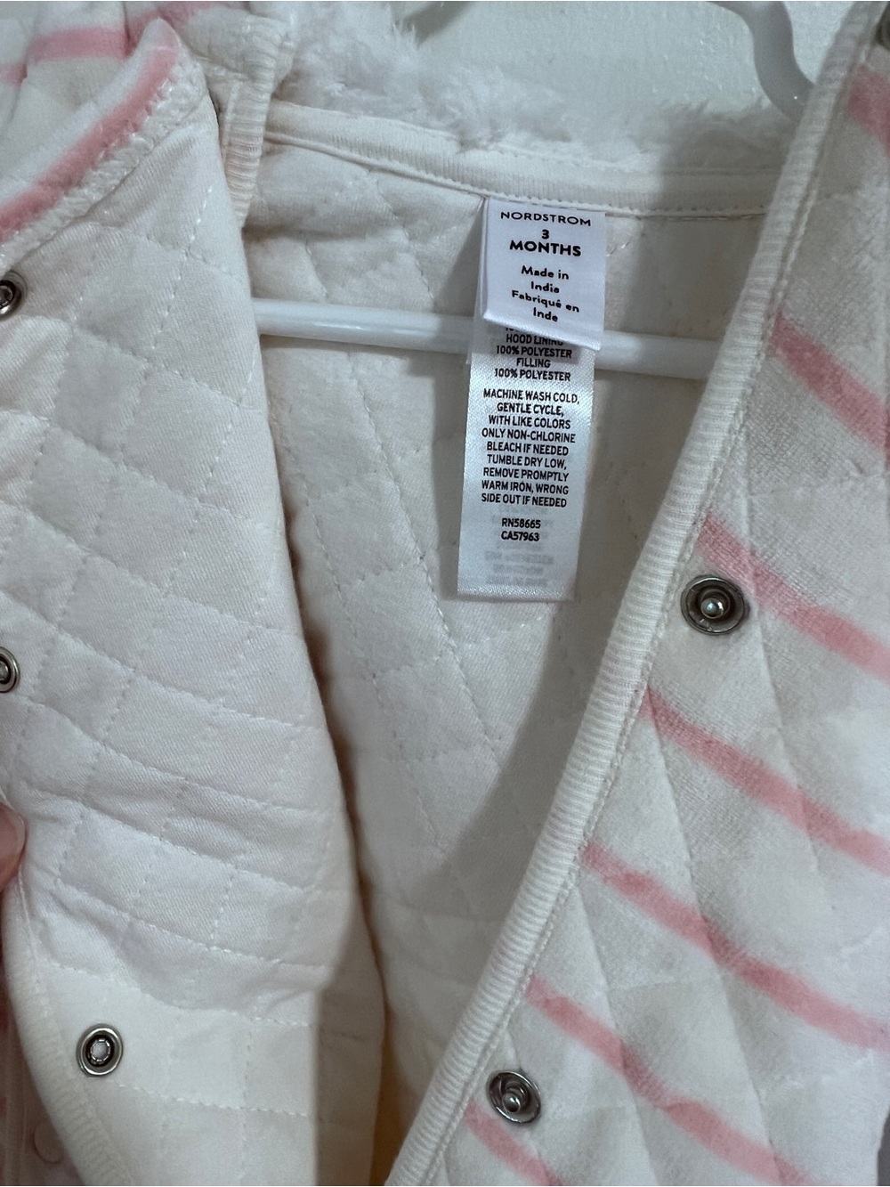 Nordstrom White Quilted Footed One-Piece with Pink Stripes - Picture 5 of 10